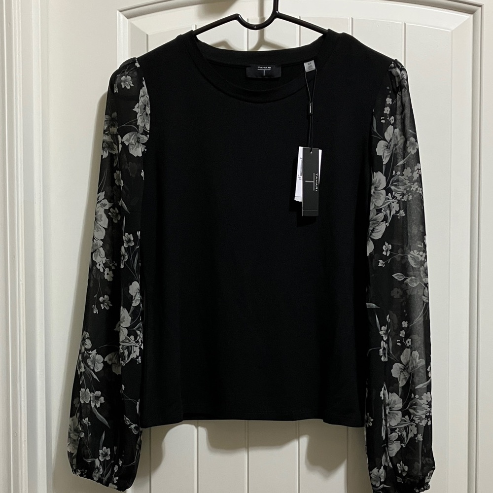 Tahari Black Top with Sheer Floral Sleeves